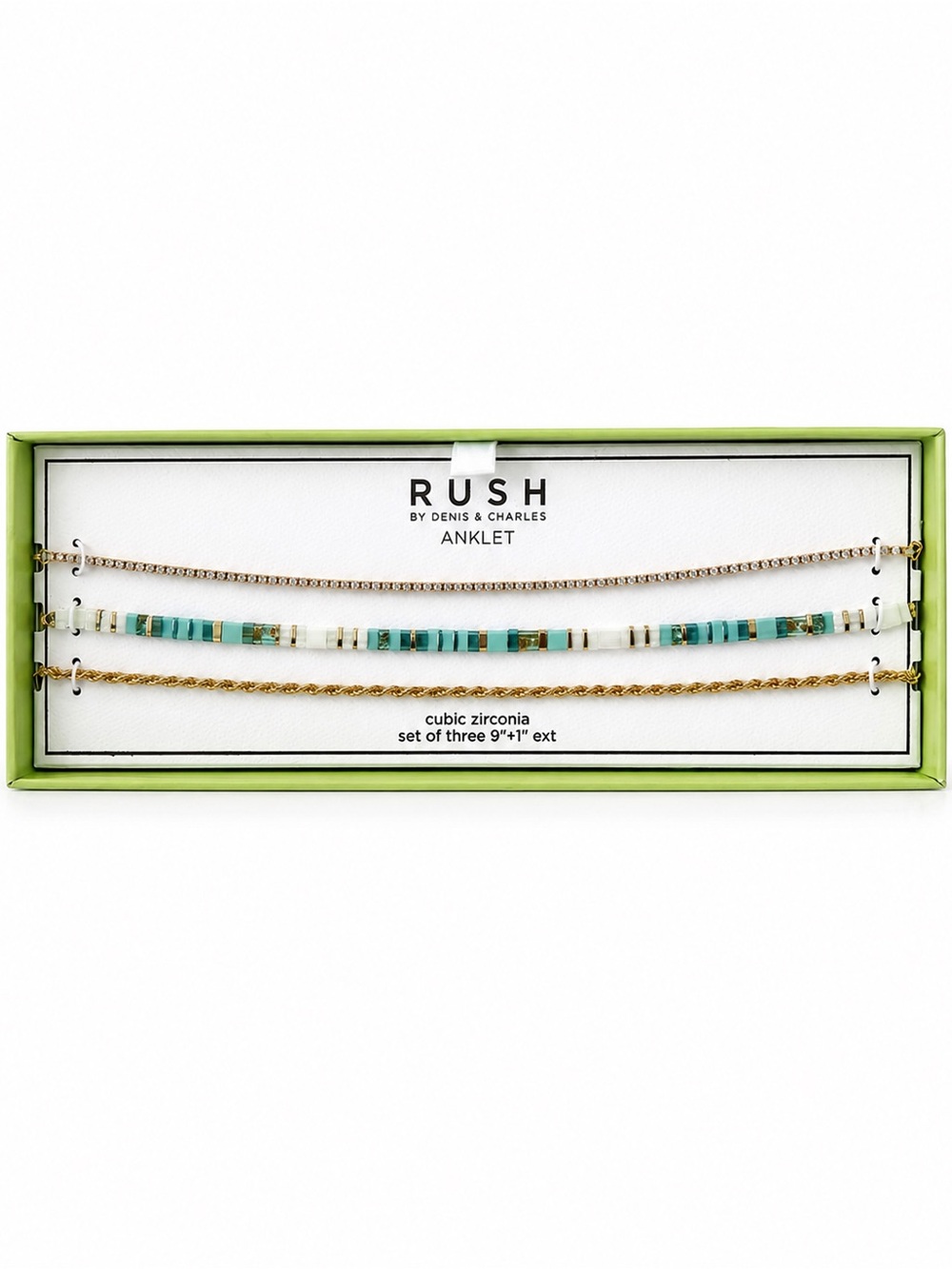 Rush Turquoise Beaded Gold Cubic Zirconia Layered Boho Beach Anklet Set NWT